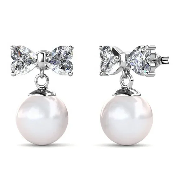 Heart Bow With Pearl Drop Earrings Australian Crystals - Picture 4 of 5